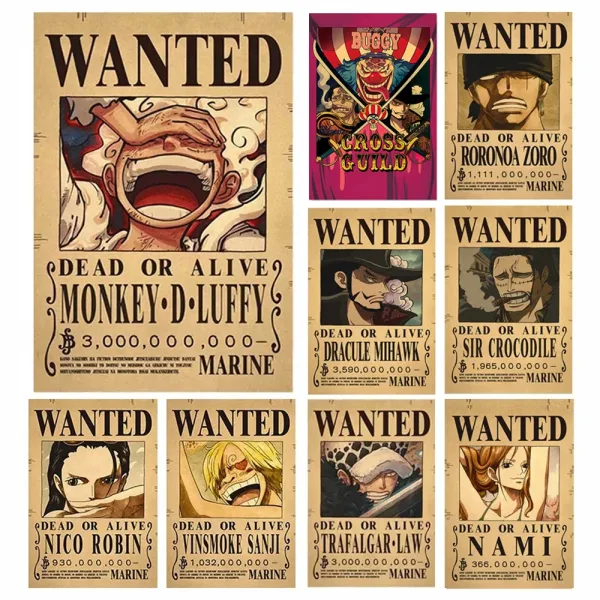 Anime Luffy Gear 5 One Piece Bounty Wanted Posters 4 emperadores Law Kid Figures Vintage Living