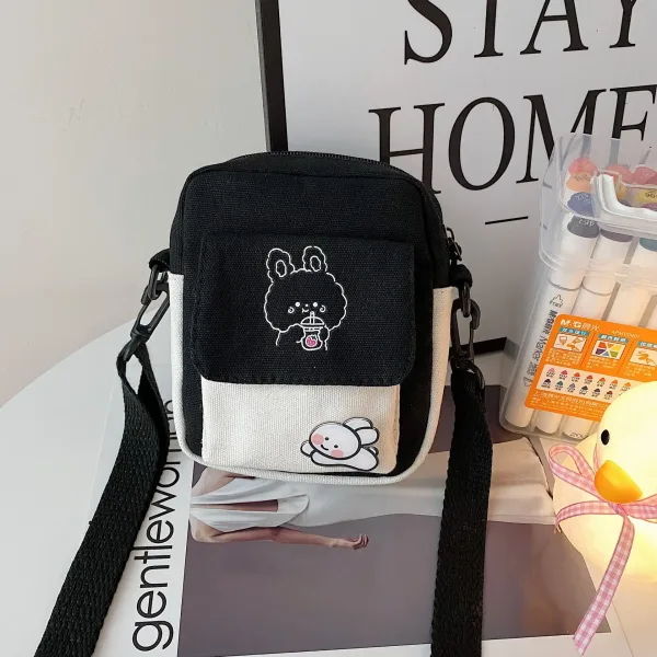 Bolso de lona con estampado de dibujos animados para mujer bandolera de hombro con solapa informal