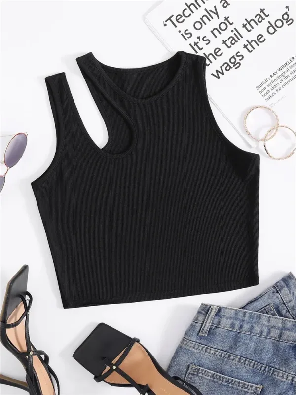 Camiseta sin mangas de punto de canal para mujer Tops cortos sin mangas con cuello redondo