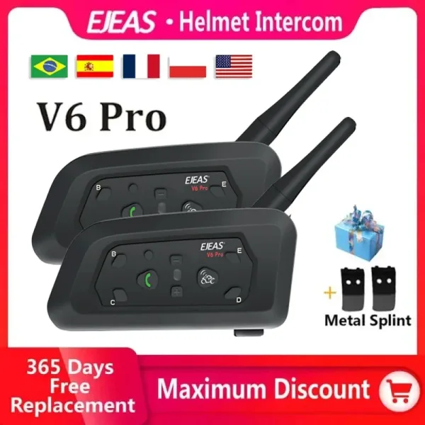 EJEAS Auriculares para Motorista V6 PRO Intercomunicador Impermeable y con Bater a Incorporada y Bluetooth para