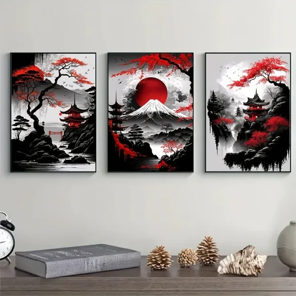 Pintura en lienzo de paisaje Natural japon s sin marco carteles negros y rojos tinta Vintage