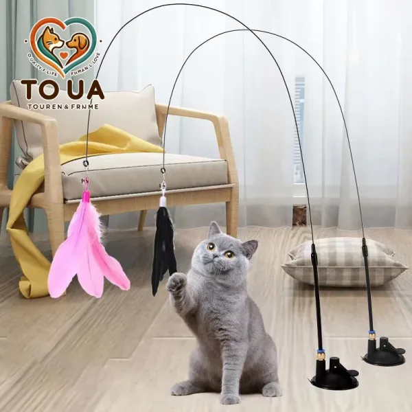 Varita de plumas para gatos interactivo con superventosa juguete desmontable 2 piezas recambios de plumas accesorios