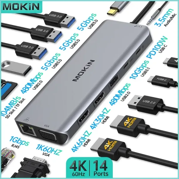 kf S2c1414e3010c4dd5a9a814072a293c8bu MOKiN Docking Station Hub USB C para MacBook Air Pro iPad M1 M2 port til Thunderbolt