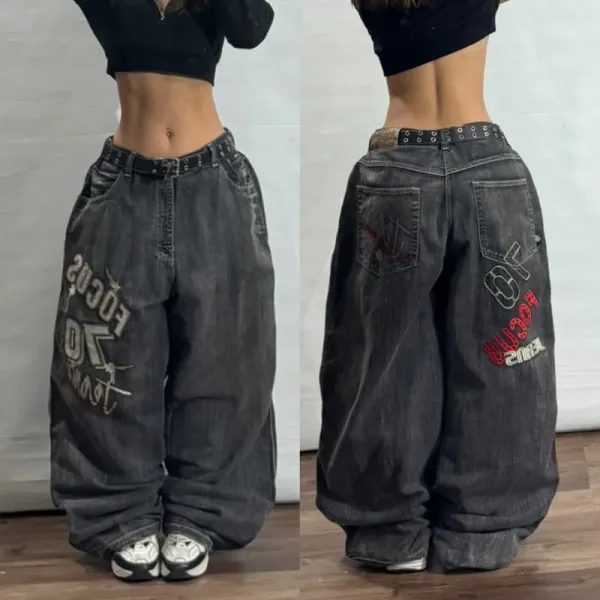 Pantalones Holgados Con Letras Bordadas Para Mujer